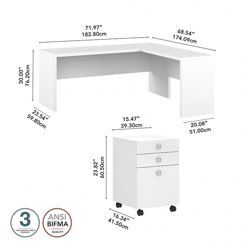 Scrivania angolare da 72" con mobile schedario a 3 cassetti