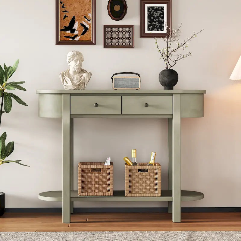 Consolle vintage con 2 cassetti portaoggetti, ripiano inferiore aperto e design curvo per ingresso di casa e hotel
