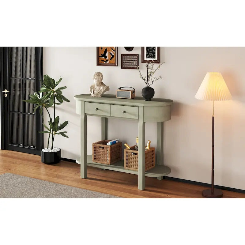 Consolle vintage con 2 cassetti portaoggetti, ripiano inferiore aperto e design curvo per ingresso di casa e hotel