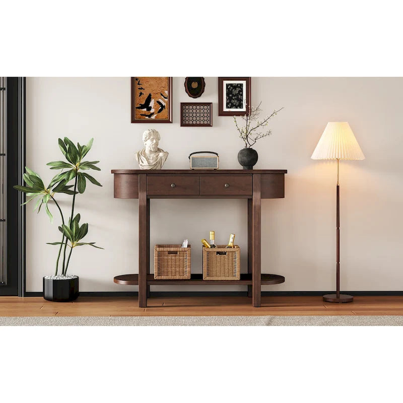 Consolle vintage con 2 cassetti portaoggetti, ripiano inferiore aperto e design curvo per ingresso di casa e hotel