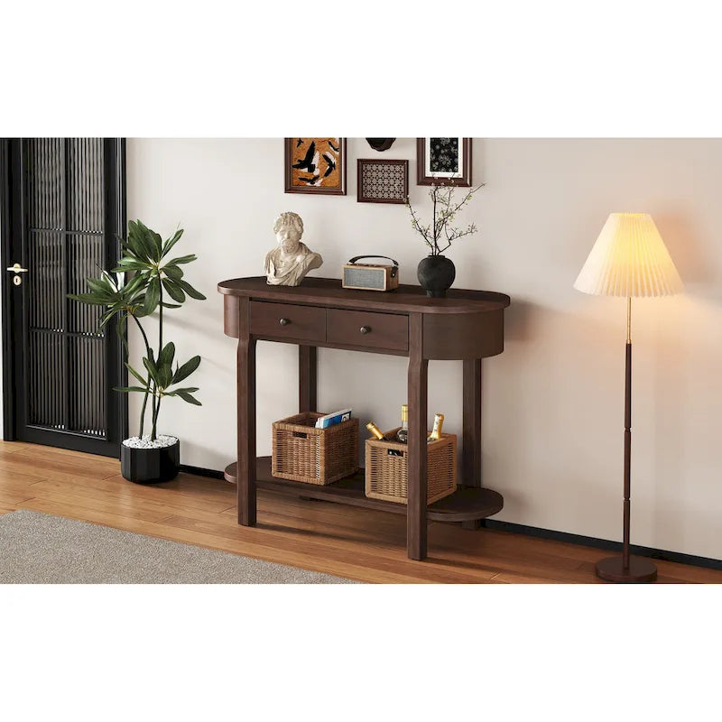 Consolle vintage con 2 cassetti portaoggetti, ripiano inferiore aperto e design curvo per ingresso di casa e hotel