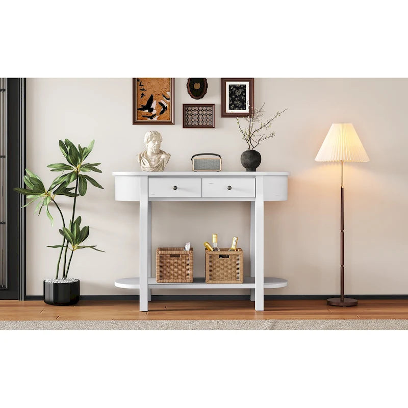 Consolle vintage con 2 cassetti portaoggetti, ripiano inferiore aperto e design curvo per ingresso di casa e hotel