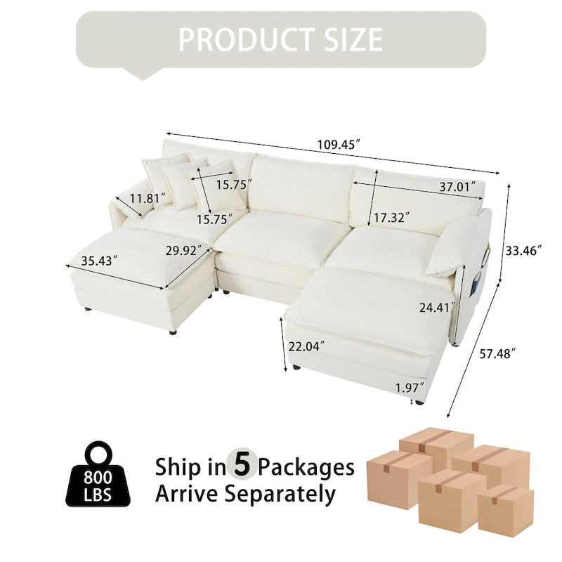109.45 Divano Sezionale Modulare a U Rivestito in Ciniglia con Cuscini a Doppio Strato, Combinazione Fai-da-te