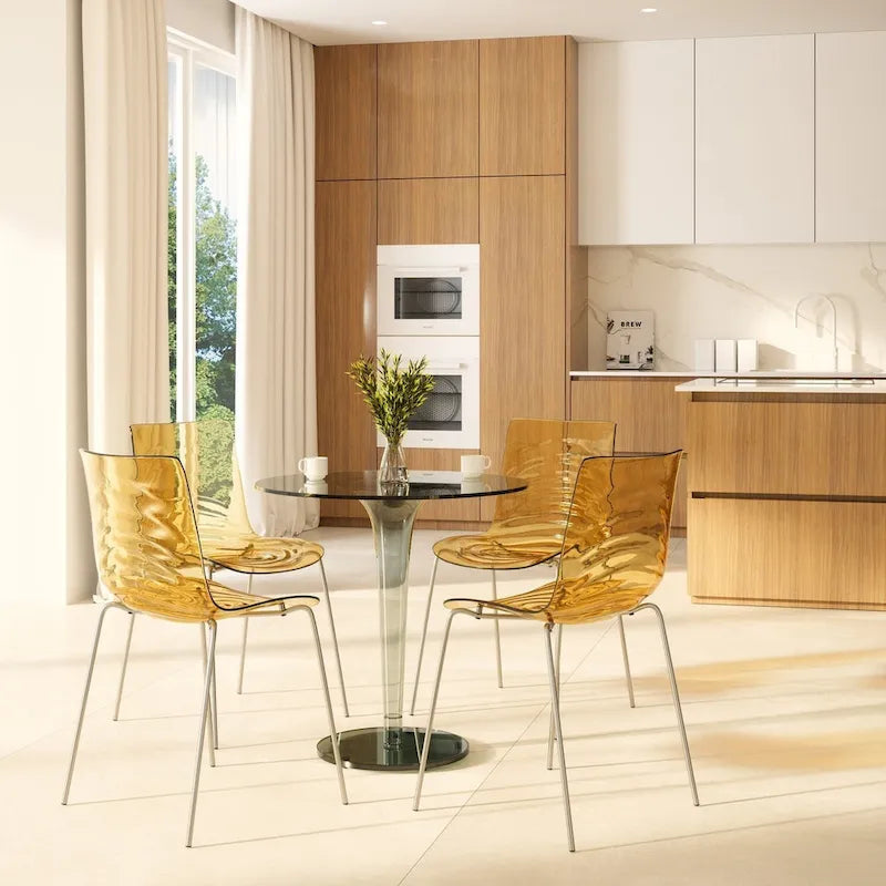 Sedia da pranzo in acrilico con gambe cromate, sedia laterale moderna con design a increspature d'acqua