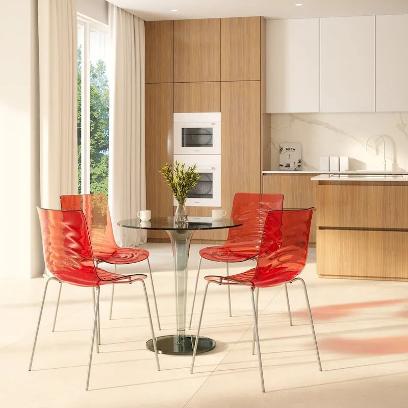 Sedia da pranzo in acrilico con gambe cromate, sedia laterale moderna con design a increspature d'acqua