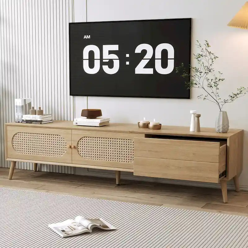 Mobile TV per TV fino a 80", Console multimediale stile moderno/rustico, Centro di intrattenimento con gambe in legno massello