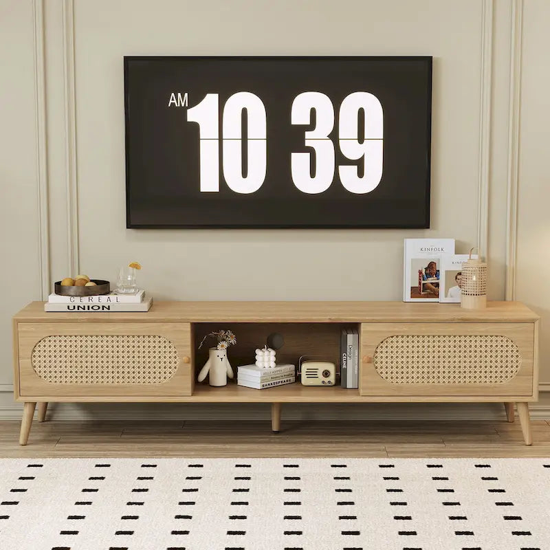 Mobile TV per TV fino a 80", Console multimediale stile moderno/rustico, Centro di intrattenimento con gambe in legno massello