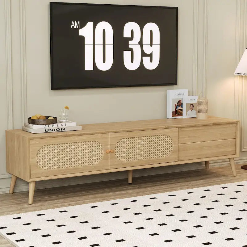 Mobile TV per TV fino a 80", Console multimediale stile moderno/rustico, Centro di intrattenimento con gambe in legno massello