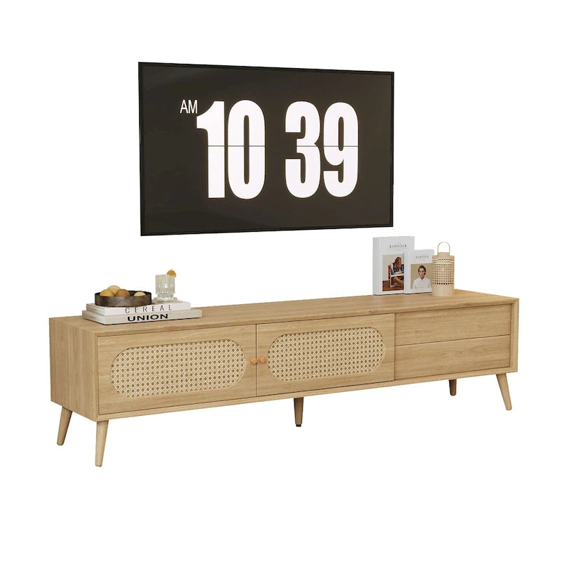 Mobile TV per TV fino a 80", Console multimediale stile moderno/rustico, Centro di intrattenimento con gambe in legno massello