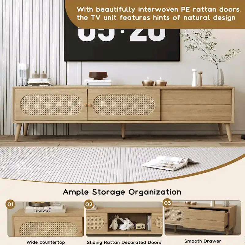 Mobile TV per TV fino a 80", Console multimediale stile moderno/rustico, Centro di intrattenimento con gambe in legno massello