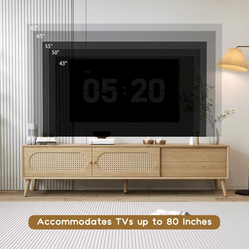 Mobile TV per TV fino a 80", Console multimediale stile moderno/rustico, Centro di intrattenimento con gambe in legno massello