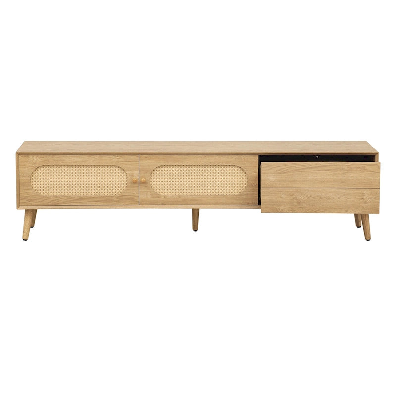 Mobile TV per TV fino a 80", Console multimediale stile moderno/rustico, Centro di intrattenimento con gambe in legno massello