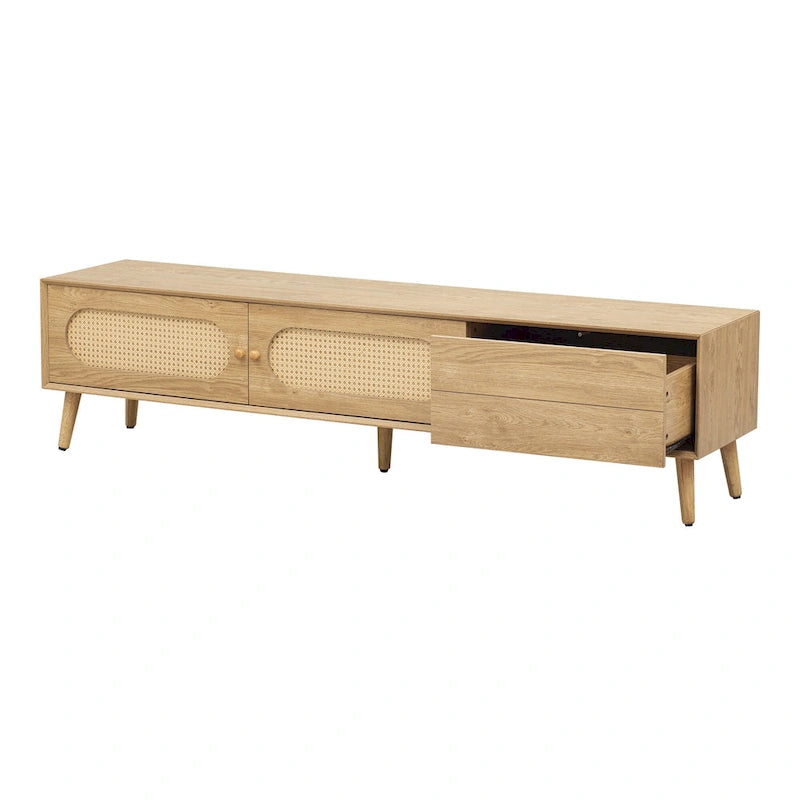 Mobile TV per TV fino a 80", Console multimediale stile moderno/rustico, Centro di intrattenimento con gambe in legno massello