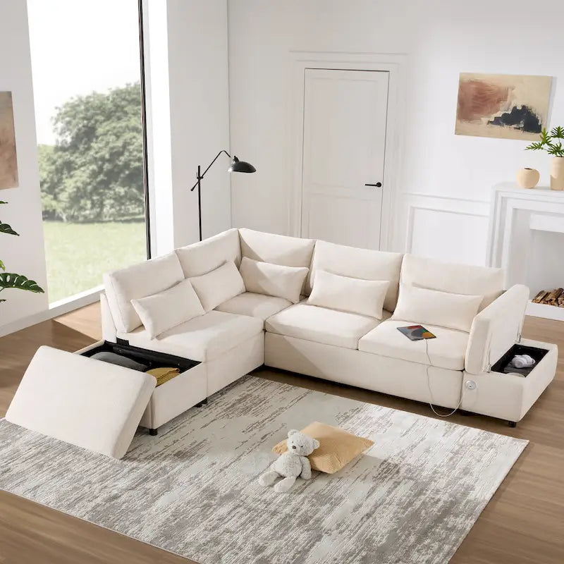 Divano componibile in ciniglia oversize 107 con estraibile e pouf contenitore mobile