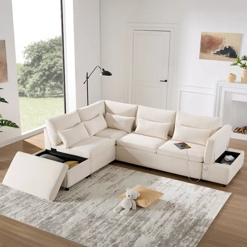 107 Canapé sectionnel modulaire surdimensionné en chenille avec lit gigogne et pouf de rangement mobile