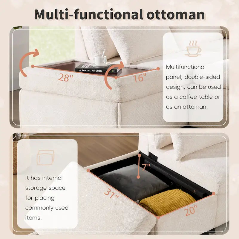Divano componibile in ciniglia oversize 107 con estraibile e pouf contenitore mobile