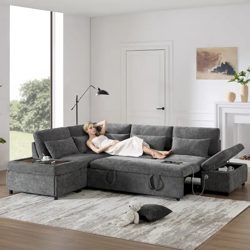 Divano componibile in ciniglia oversize 107 con estraibile e pouf contenitore mobile