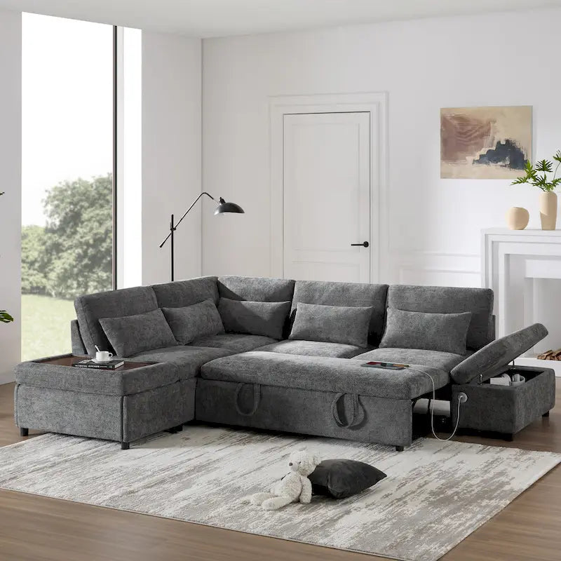 Divano componibile in ciniglia oversize 107 con estraibile e pouf contenitore mobile