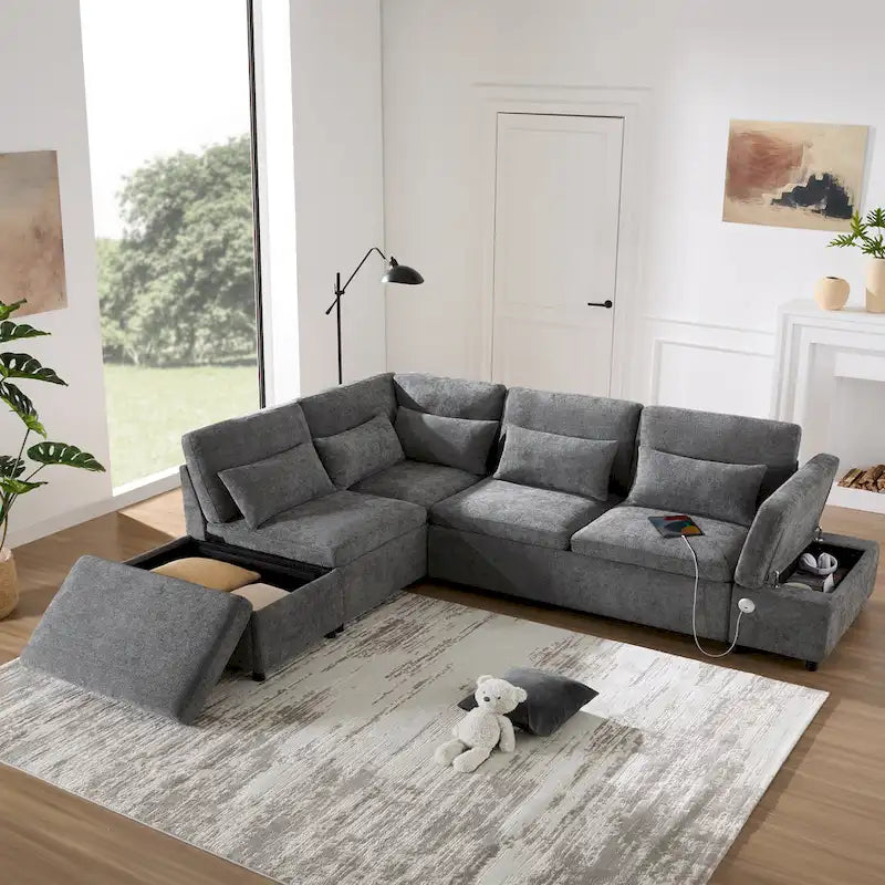 Divano componibile in ciniglia oversize 107 con estraibile e pouf contenitore mobile