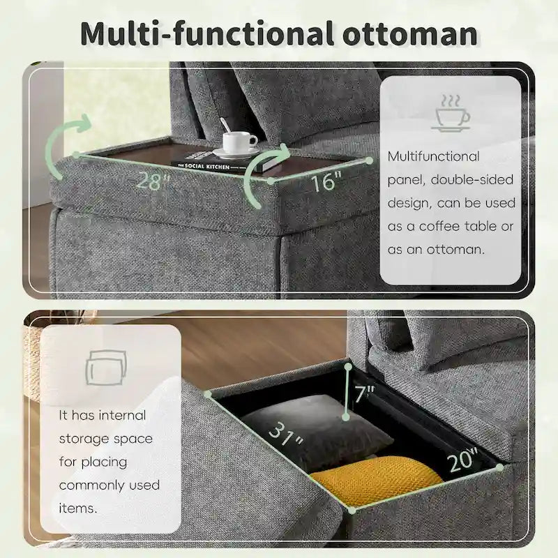 Divano componibile in ciniglia oversize 107 con estraibile e pouf contenitore mobile