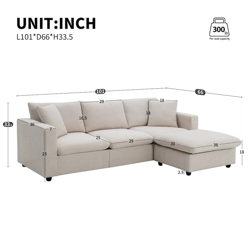 Canapé d'angle en L 101 avec pouf et ressorts ensachés
