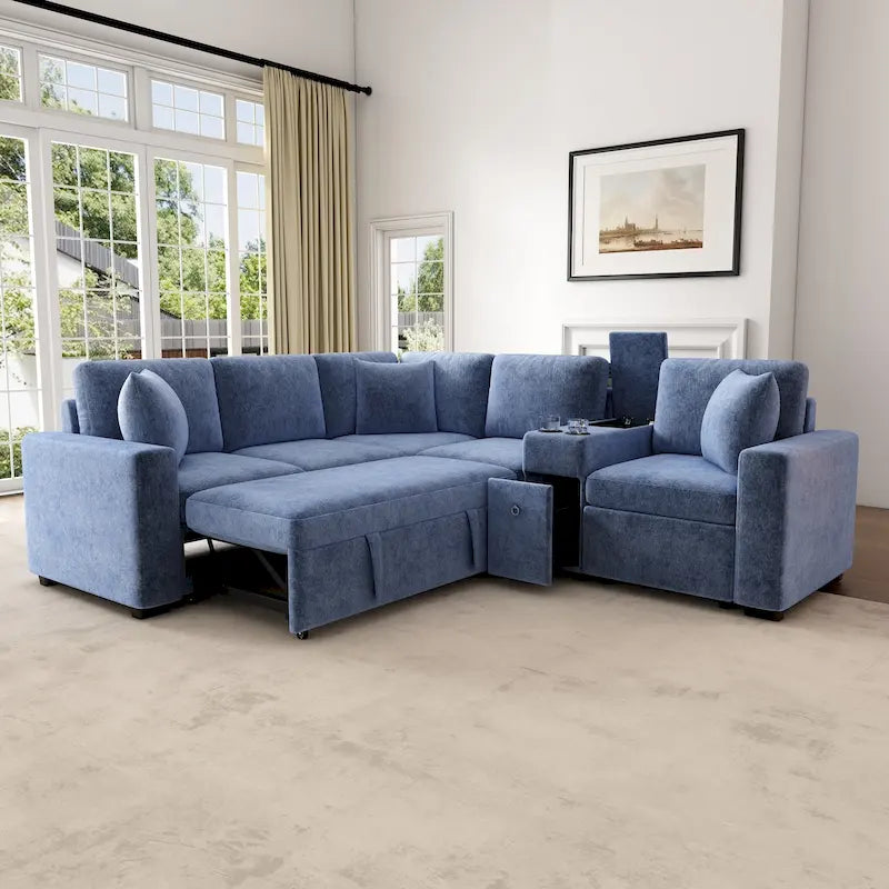Divano Letto Sezionale a L in ciniglia da 120,5" con contenitore e portabicchieri