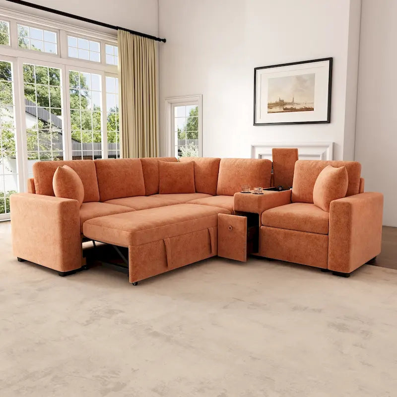 Divano Letto Sezionale a L in ciniglia da 120,5" con contenitore e portabicchieri
