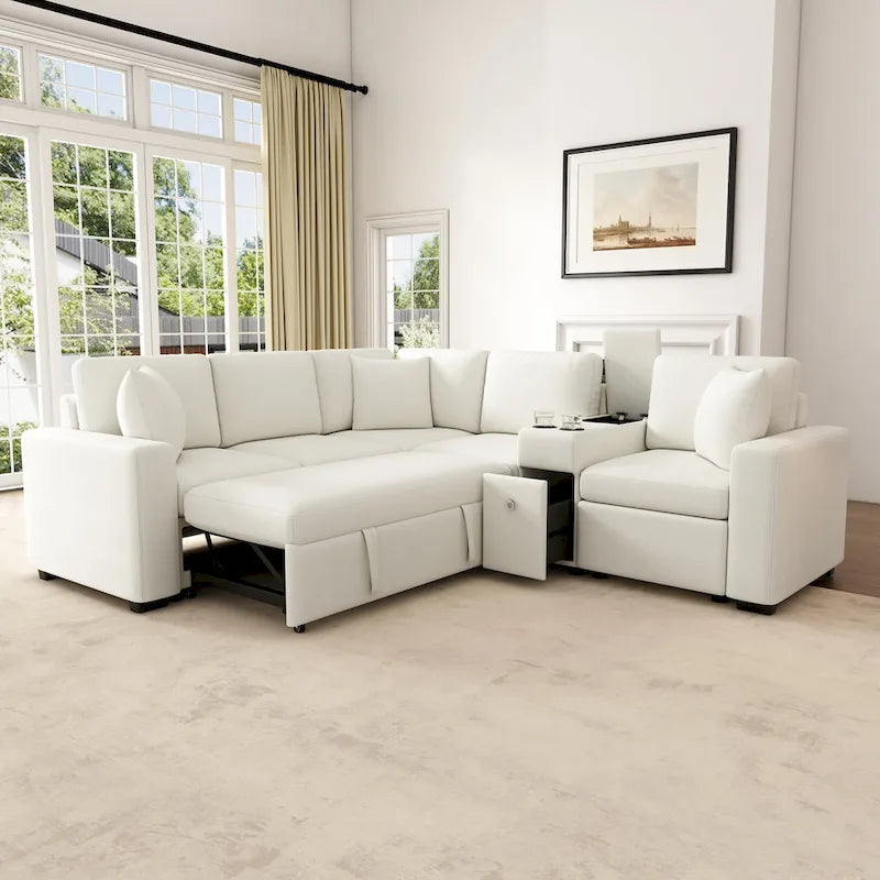 120.5 Chenille L-Shaped Sectional Sofa Bed with Storage & Cup Holders