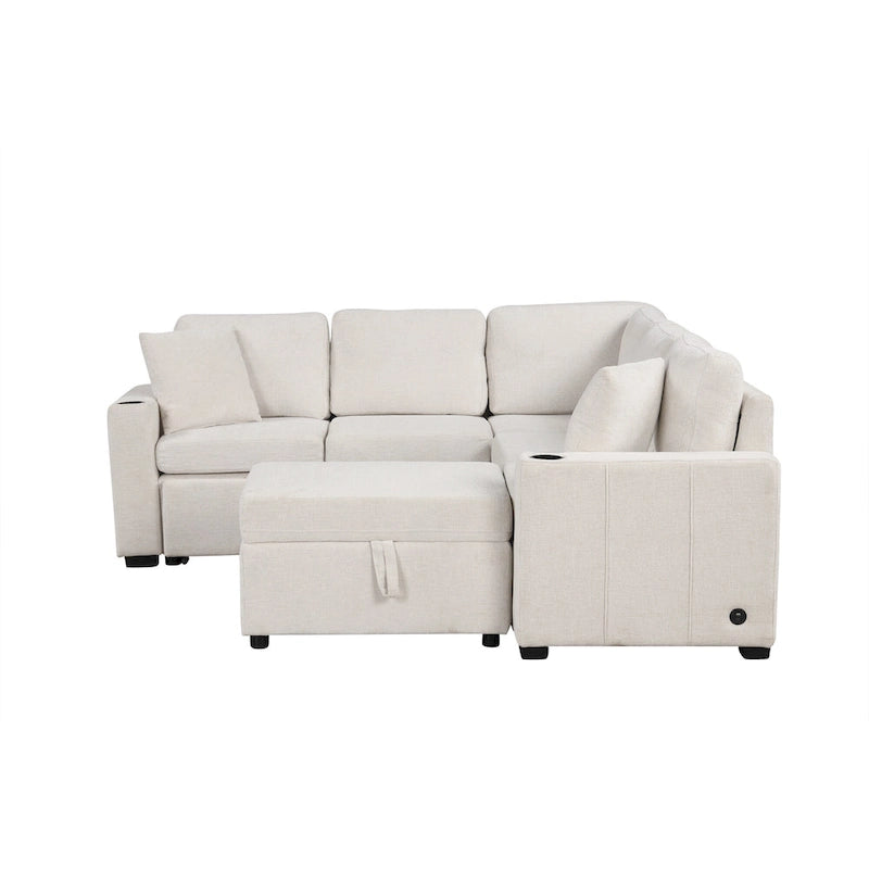 Divano letto estraibile sezionale a L, divano reclinabile con 2 porte USB, 2 prese di corrente e pouf contenitore mobile