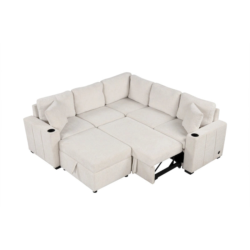Divano letto estraibile sezionale a L, divano reclinabile con 2 porte USB, 2 prese di corrente e pouf contenitore mobile