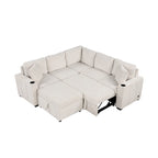 Divano letto estraibile sezionale a L, divano reclinabile con 2 porte USB, 2 prese di corrente e pouf contenitore mobile