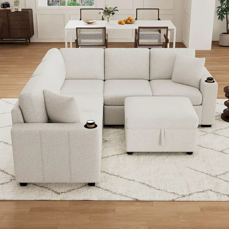 Divano letto estraibile sezionale a L, divano reclinabile con 2 porte USB, 2 prese di corrente e pouf contenitore mobile