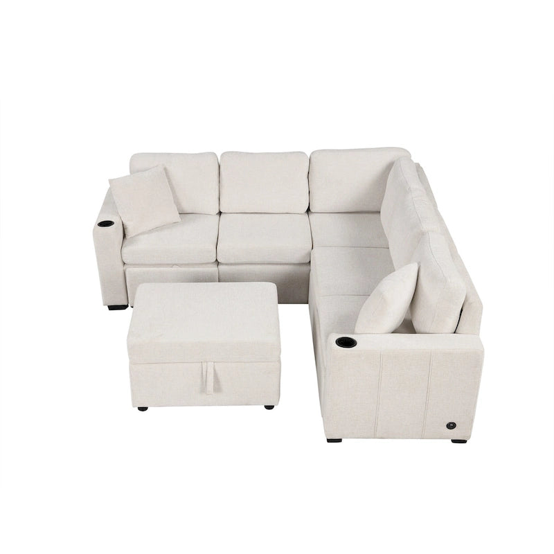 Divano letto estraibile sezionale a L, divano reclinabile con 2 porte USB, 2 prese di corrente e pouf contenitore mobile