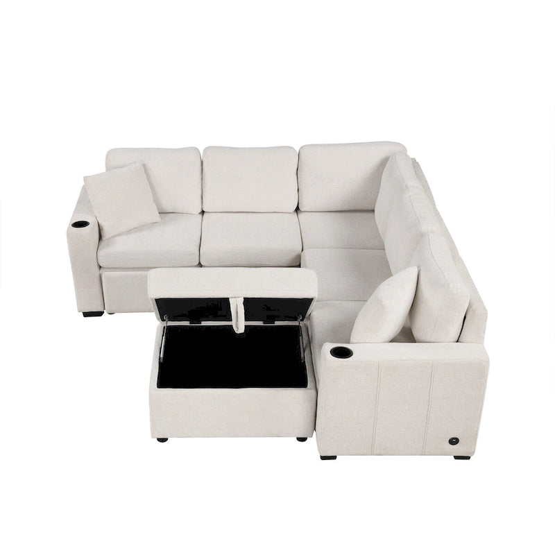 Divano letto estraibile sezionale a L, divano reclinabile con 2 porte USB, 2 prese di corrente e pouf contenitore mobile