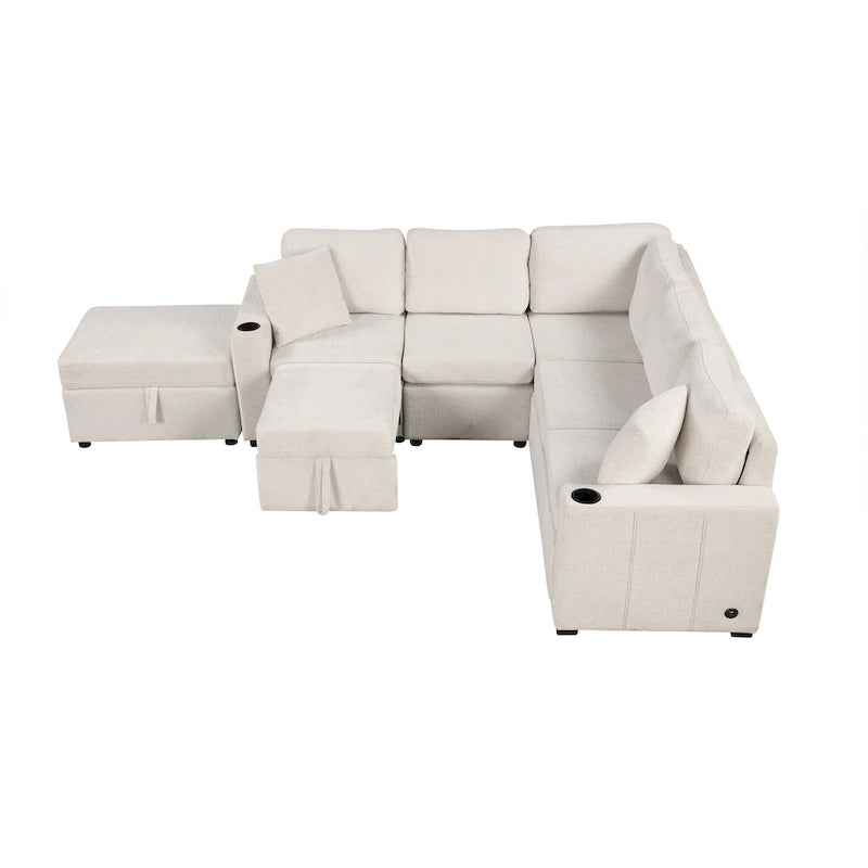 Divano letto estraibile sezionale a L, divano reclinabile con 2 porte USB, 2 prese di corrente e pouf contenitore mobile
