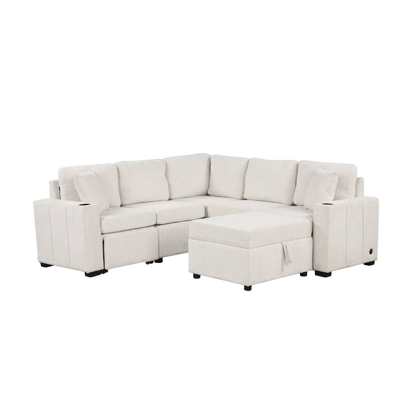 Divano letto estraibile sezionale a L, divano reclinabile con 2 porte USB, 2 prese di corrente e pouf contenitore mobile