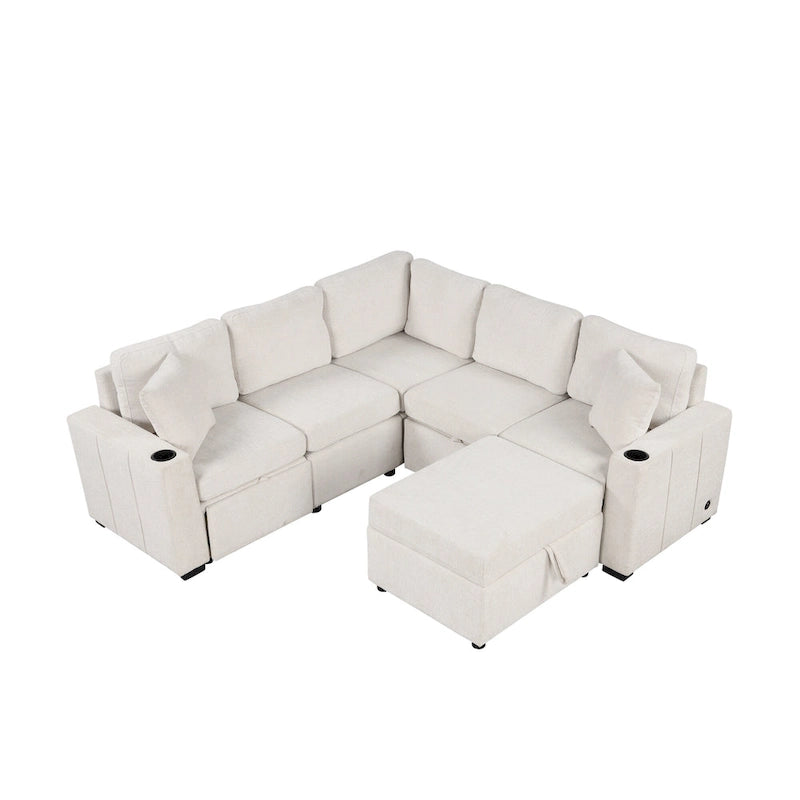 Divano letto estraibile sezionale a L, divano reclinabile con 2 porte USB, 2 prese di corrente e pouf contenitore mobile