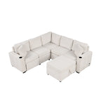 Divano letto estraibile sezionale a L, divano reclinabile con 2 porte USB, 2 prese di corrente e pouf contenitore mobile