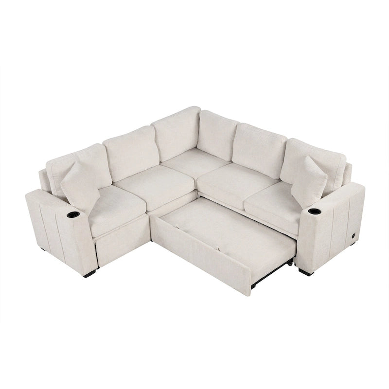 Divano letto estraibile sezionale a L, divano reclinabile con 2 porte USB, 2 prese di corrente e pouf contenitore mobile