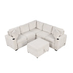 Divano letto estraibile sezionale a L, divano reclinabile con 2 porte USB, 2 prese di corrente e pouf contenitore mobile