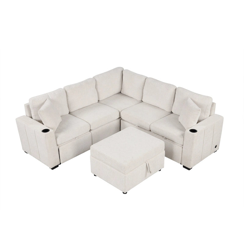 Divano letto estraibile sezionale a L, divano reclinabile con 2 porte USB, 2 prese di corrente e pouf contenitore mobile