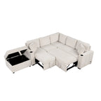 Divano letto estraibile sezionale a L, divano reclinabile con 2 porte USB, 2 prese di corrente e pouf contenitore mobile