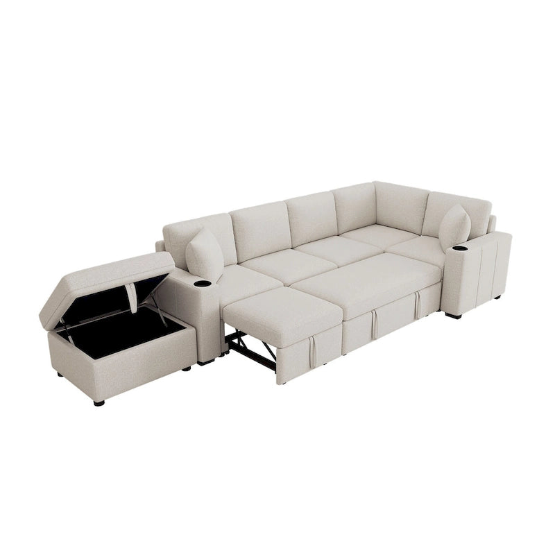 Divano letto estraibile sezionale a L, divano reclinabile con 2 porte USB, 2 prese di corrente e pouf contenitore mobile