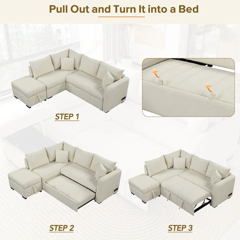 Divano letto estraibile sezionale a L, divano reclinabile con 2 porte USB, 2 prese di corrente e pouf contenitore mobile