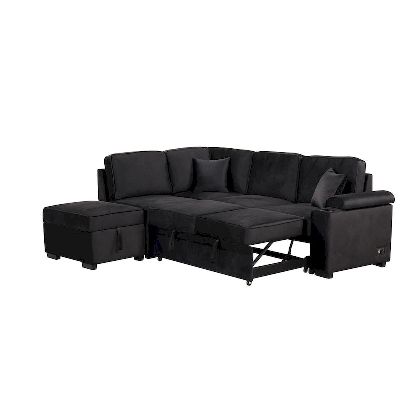 Divano letto estraibile sezionale a L, divano reclinabile con 2 porte USB, 2 prese di corrente e pouf contenitore mobile