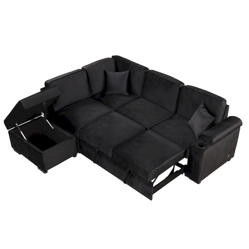 Divano letto estraibile sezionale a L, divano reclinabile con 2 porte USB, 2 prese di corrente e pouf contenitore mobile
