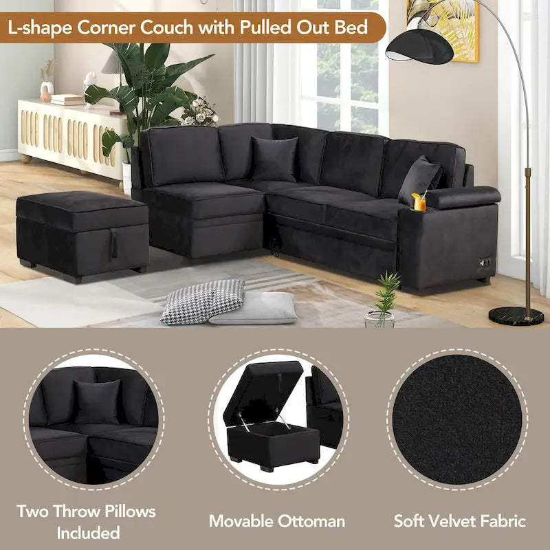 Divano letto estraibile sezionale a L, divano reclinabile con 2 porte USB, 2 prese di corrente e pouf contenitore mobile