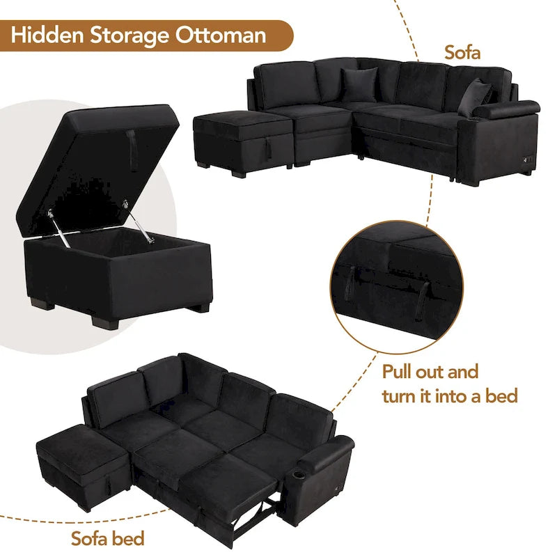 Divano letto estraibile sezionale a L, divano reclinabile con 2 porte USB, 2 prese di corrente e pouf contenitore mobile