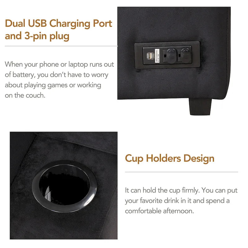 Divano letto estraibile sezionale a L, divano reclinabile con 2 porte USB, 2 prese di corrente e pouf contenitore mobile