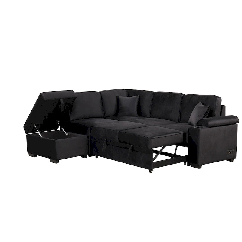 Divano letto estraibile sezionale a L, divano reclinabile con 2 porte USB, 2 prese di corrente e pouf contenitore mobile